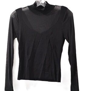 MNG-S- BLACK CASHMERE LONG SLEEVES - V MESH -- SCOOP NECK TOP